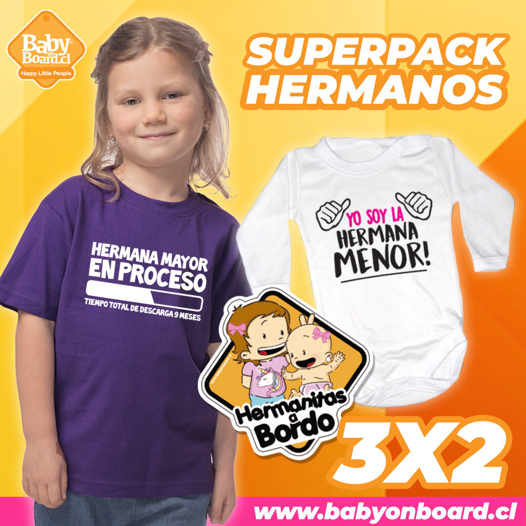 Polera Hermana Mayor en Proceso + Body Yo soy la Hermana Menor + Letrero Hermanitas a Bordo