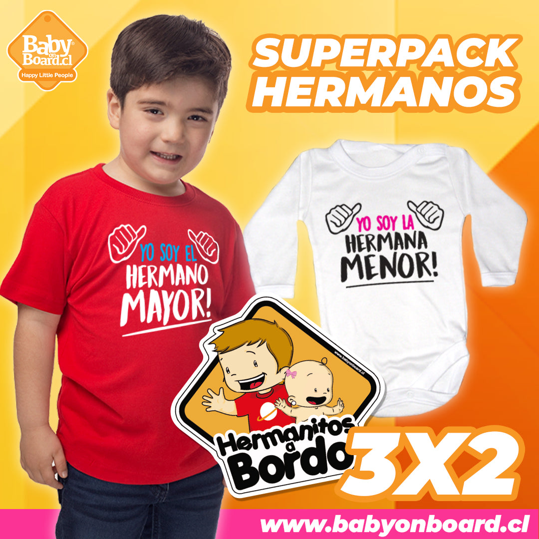 Polera Hermano Mayor + Body Yo soy la Hermana Menor + Letrero Hermanitos a Bordo