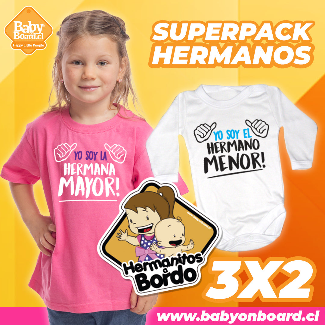 Polera Hermana Mayor + Body Yo soy la Hermano Menor + Letrero Hermanitos a Bordo