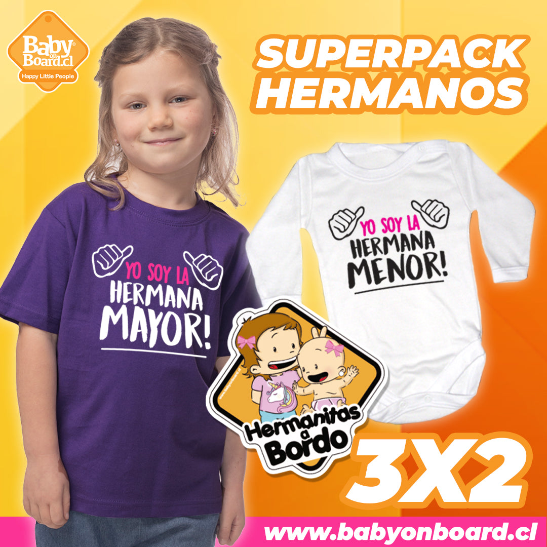 Polera Hermana Mayor + Body Yo soy la Hermana Menor + Letrero Hermanitas a Bordo