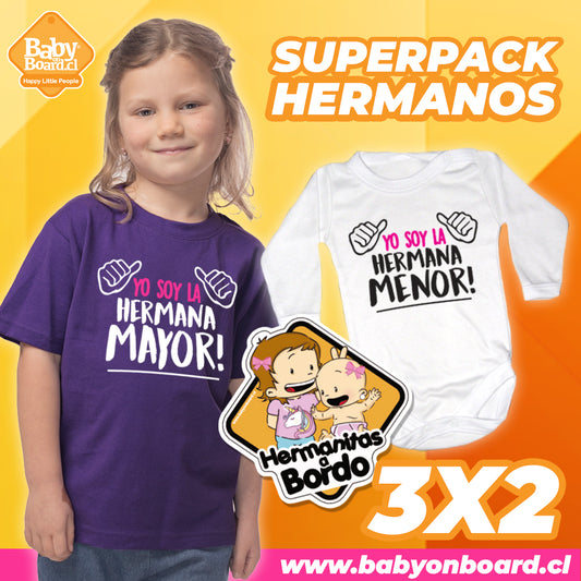 Polera Hermana Mayor + Body Yo soy la Hermana Menor + Letrero Hermanitas a Bordo