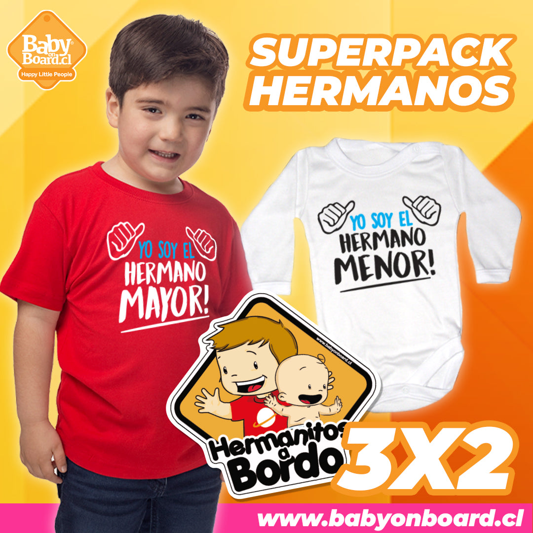 Polera Yo Soy Hermano Mayor + Body Yo soy el Hermano Menor + Letrero Hermanitos a Bordo