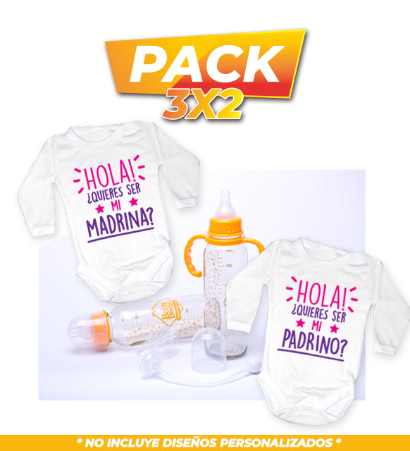 Quieres Ser Mi Madrina + Quieres Ser mi Padrino Niña + Set de Mamaderas 3x2