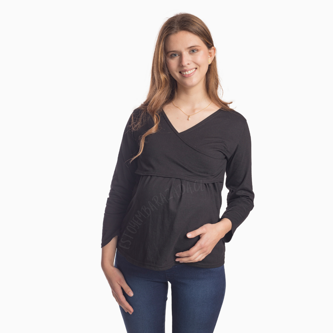 Polera Lactancia Negra Cruzada Manga Larga