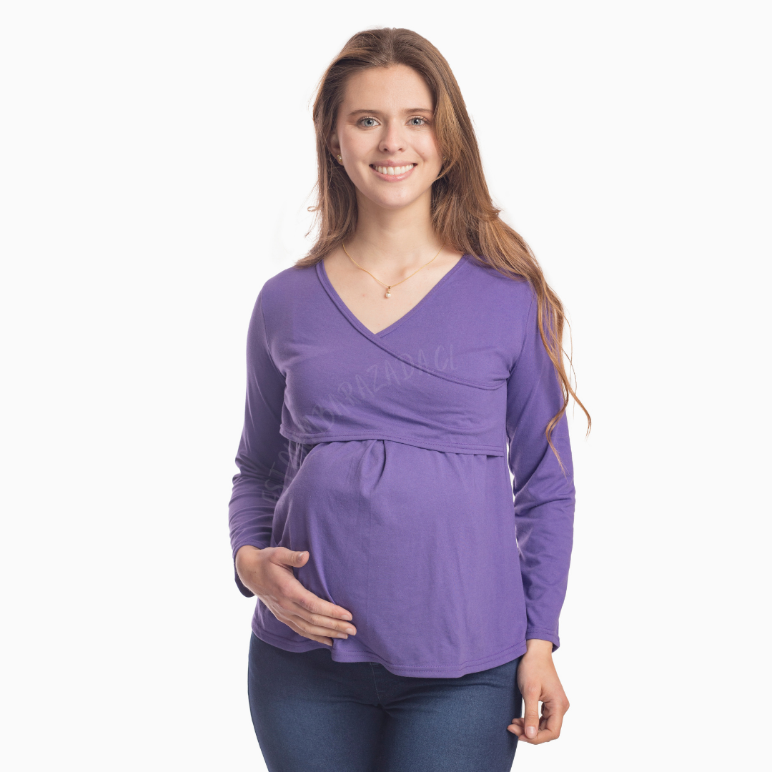Polera Lactancia Morada Cruzada Manga Larga