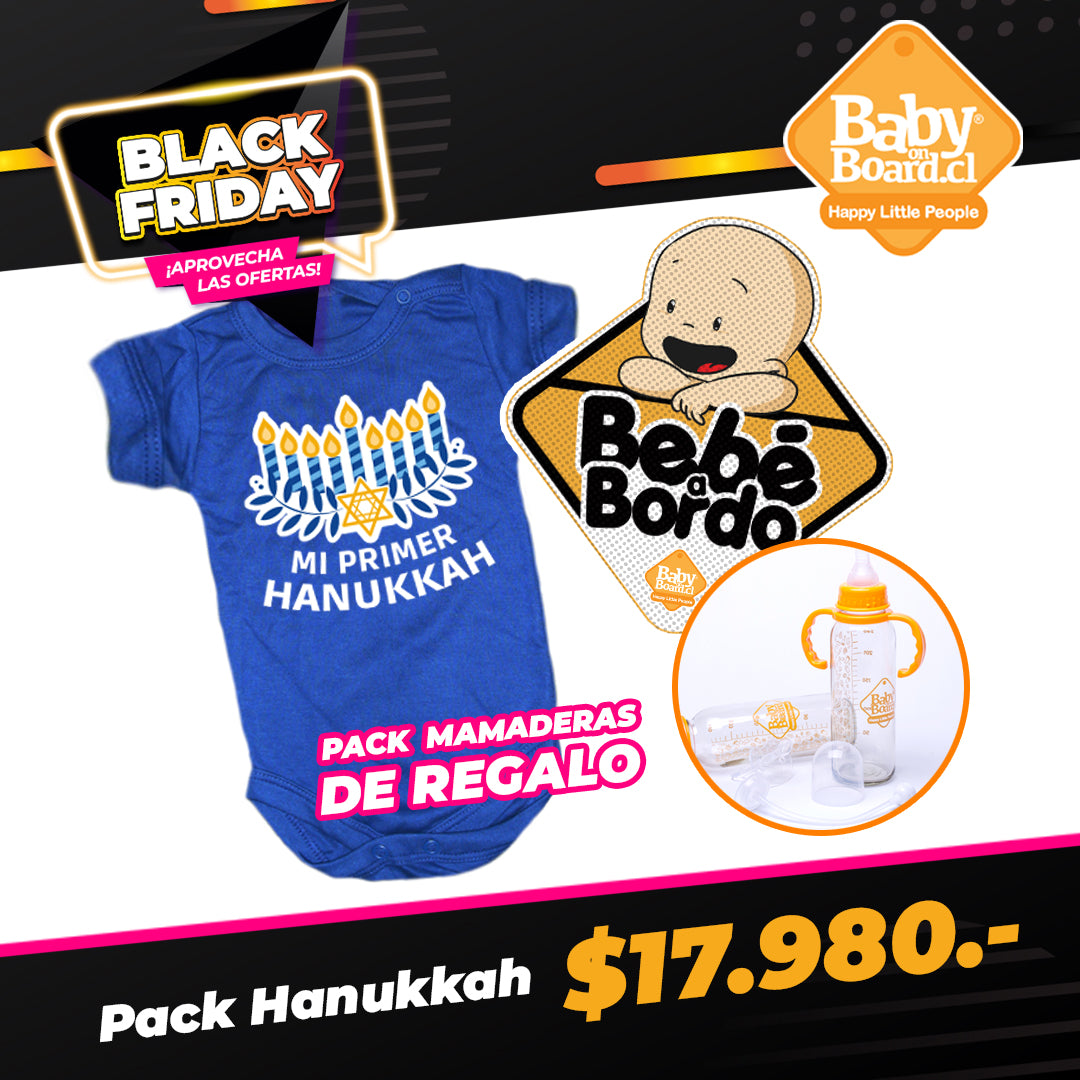 Pack Hanukkah Body + Letrero Bebé a Bordo + 2 Mamaderas de Regalo