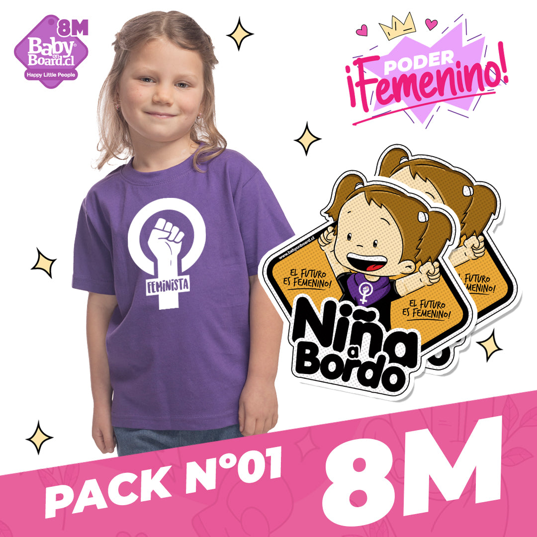 Polera Niña Feminista + 2 Letreros Niña a Bordo