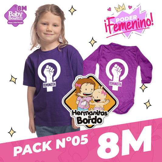 Pack Polera Niña + Body Bebé Feminista + Letrero Hermanitas a Bordo