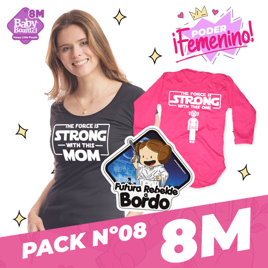 Pack Polera Mama + Body Bebe "The force is Strong" + Letrero Futura Rebelde a Bordo