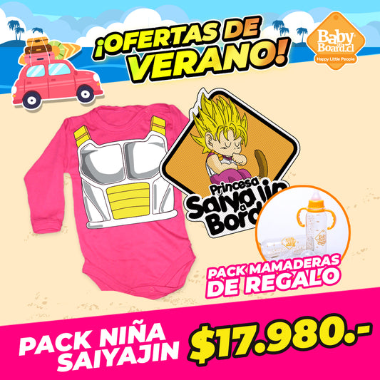 Pack Guerrera Saiyajin Body Bebé + Letrero Princesa Saiyajin + Mamaderas