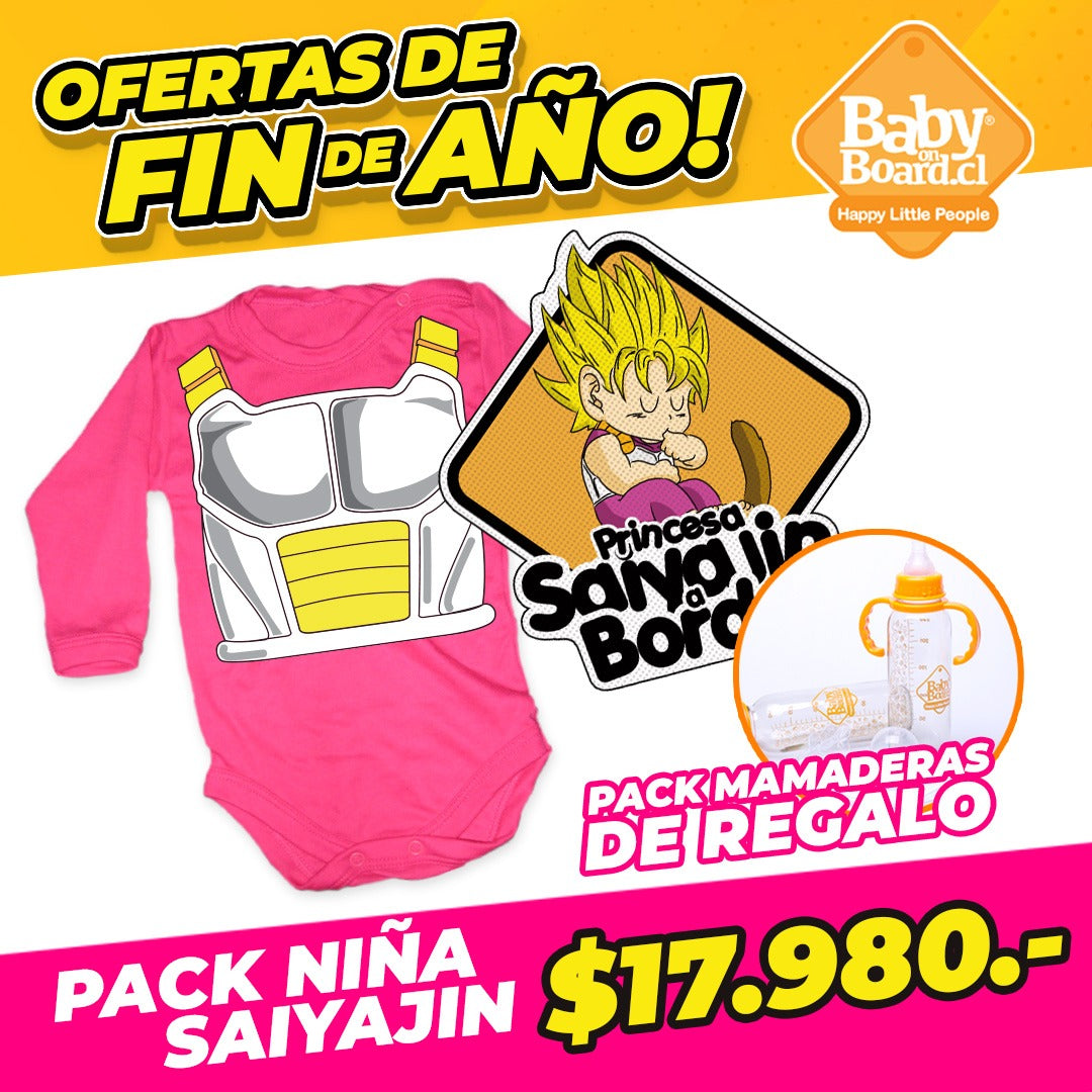 Pack Guerrera Saiyajin Body Bebé + Letrero Princesa Saiyajin + Mamaderas