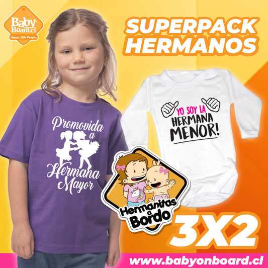 Polera Promovida Hermana Mayor + Body Yo soy la Hermana Menor + Letrero Hermanitas a Bordo