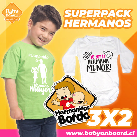 Polera Promovido a Hermano Mayor + Body Yo soy la Hermana Menor + Letrero Hermanitos a Bordo